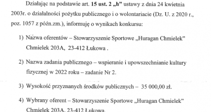 Ogłoszenie wyników otwartego konkursu ofert